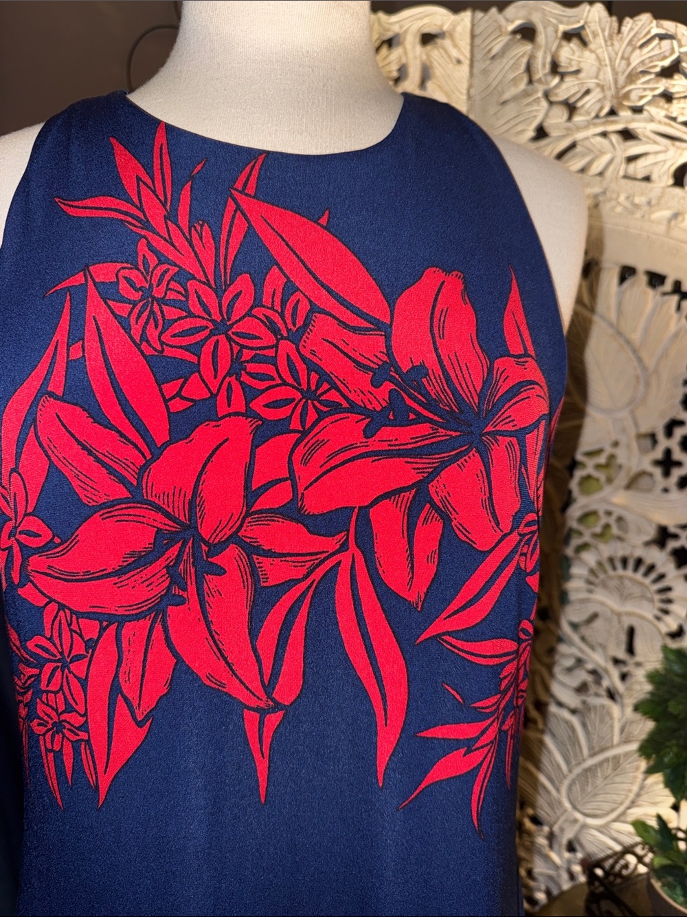 Tommy Bahama Navy Halter Maxi Dress with Red Floral Accents